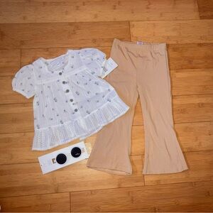 NWT Girls Size 4T Outfit - White Floral Blouse Top & Tan Flare Pants Set